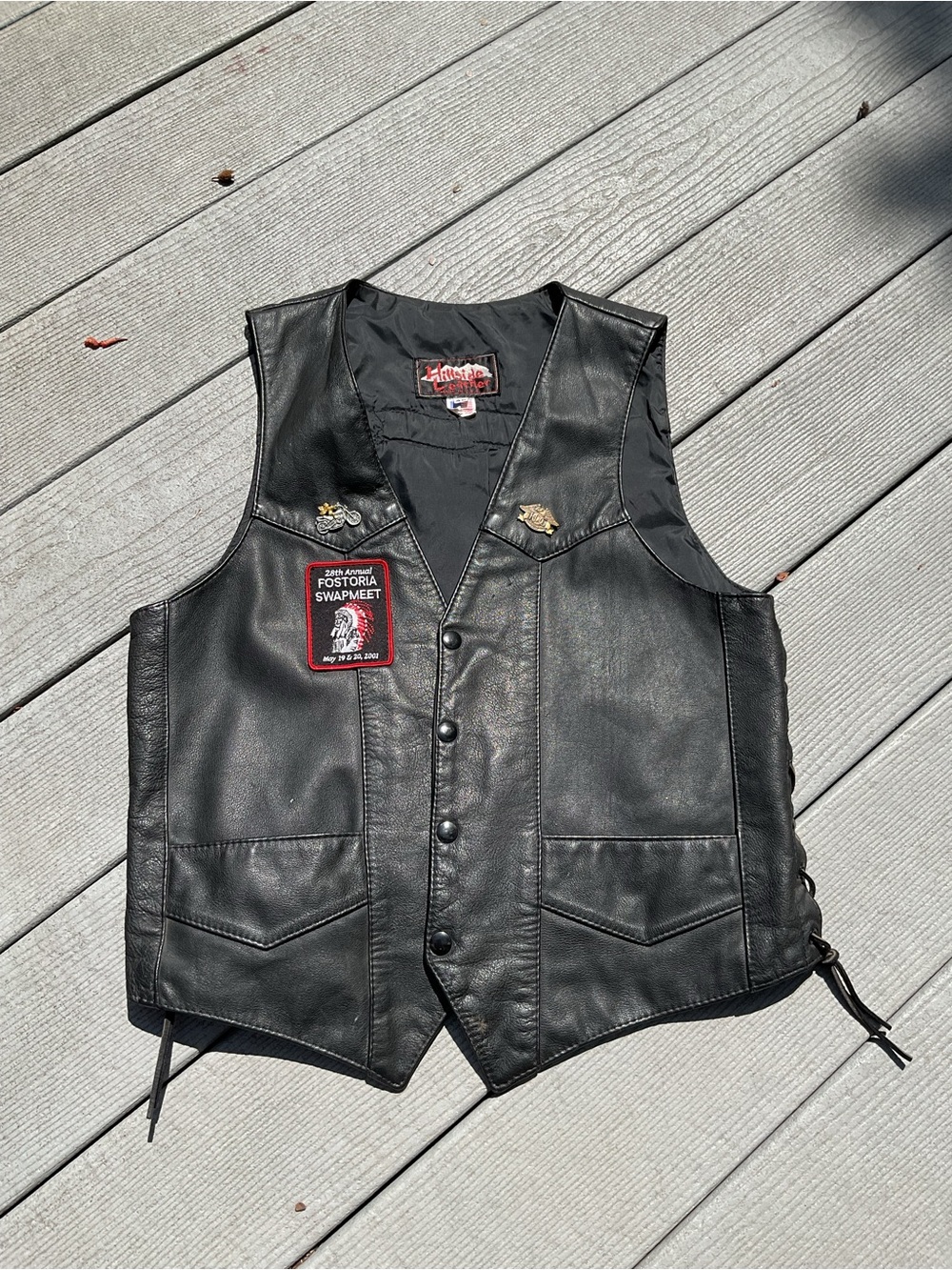 Hillside Classic Black Leather Biker Vest Harley Davidson patches 40